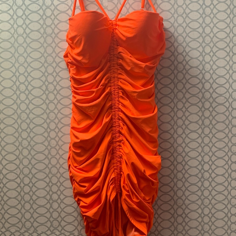 Fashion Nova Bright Orange Ruched Mini Dress